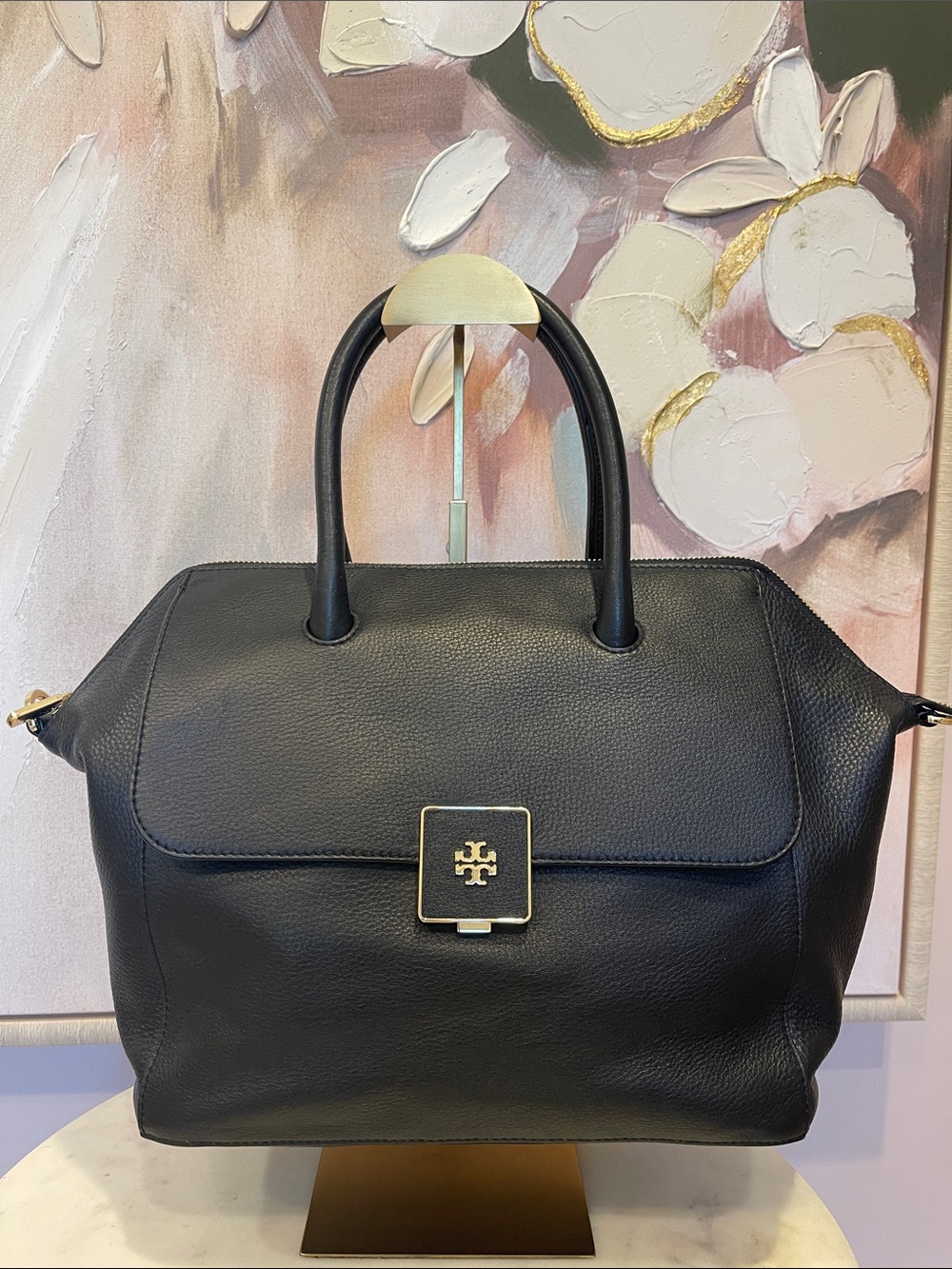 Tory Burch Clara Black Pebbled Leather Top-Handle Tote with Gold Logo